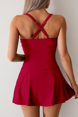 Women's Ruched Spaghetti Straps Side Slit Pleated Swimsuit