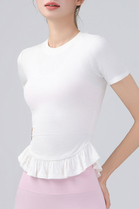 Women's Crew Neck Ruffle Hem Sports Short Sleeve Top