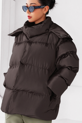 Women's stand-up collar bread-style hooded cotton jacket.