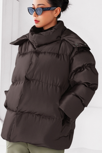 Women's stand-up collar bread-style hooded cotton jacket.