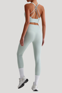 Women Naked Feel Cross Back Yoga Set: High Waisted Seamless Tummy Control Leggings + Crisscross Sports Bra