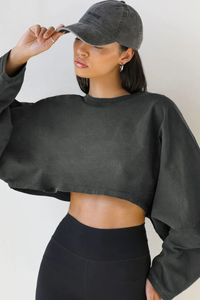 Women's Fall Cropped Drop Shoulder Relaxed Long Sleeve Top
