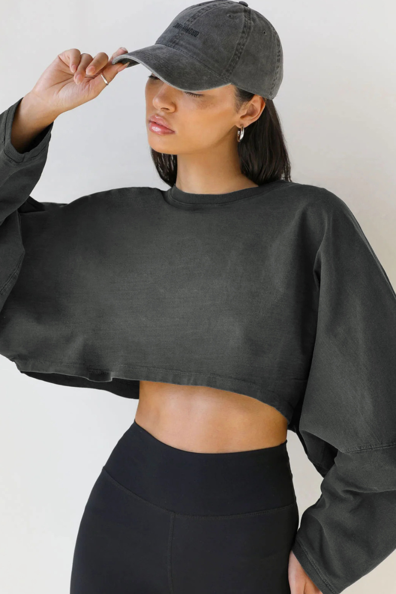 Women's Fall Cropped Drop Shoulder Relaxed Long Sleeve Top
