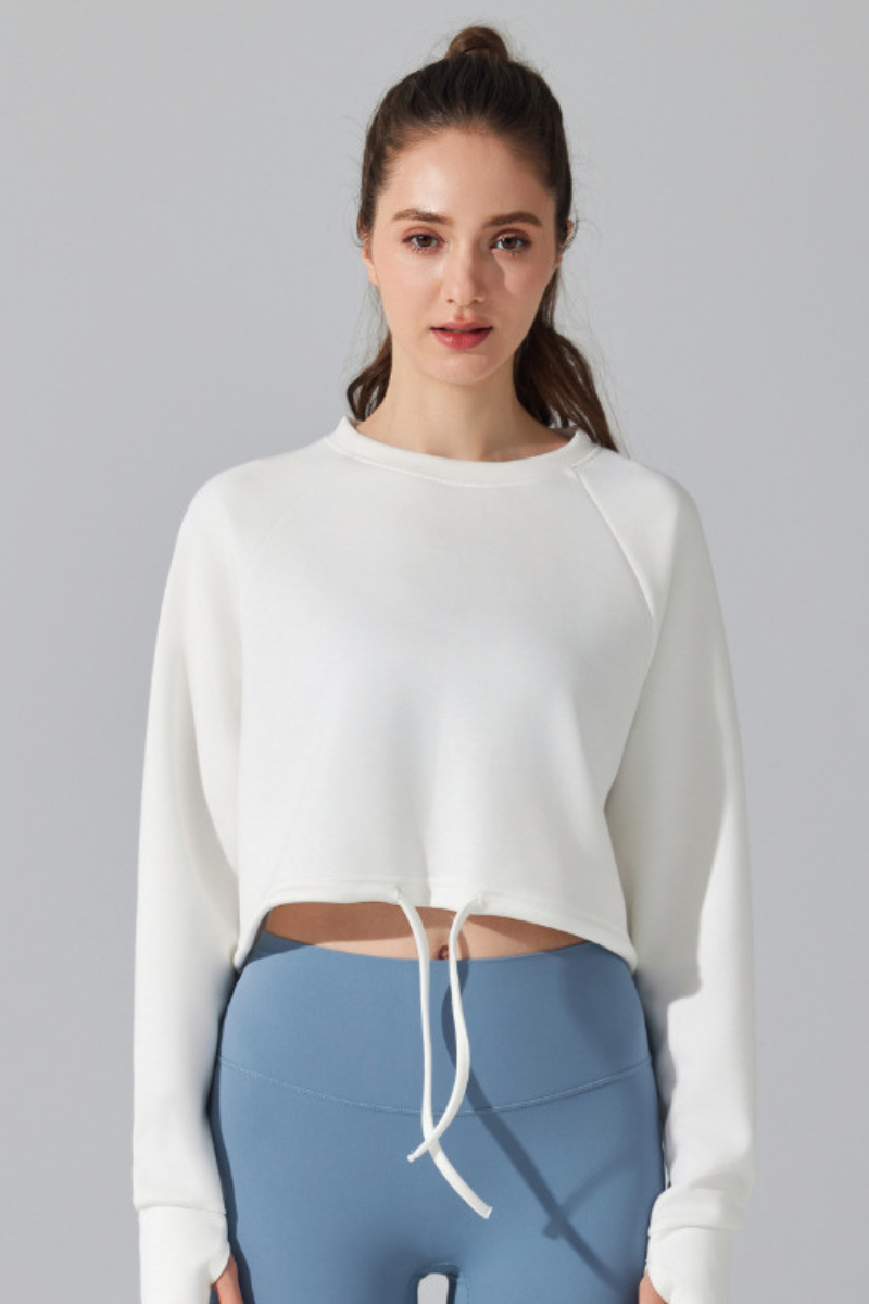Women's Cropped Drawstring Long Sleeve Athletic Sweatshirt