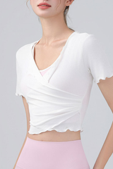 Women's V Neck Ruching Trim Cropped Wrap Top