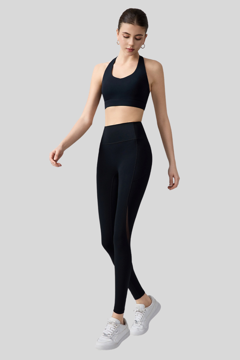Women's Sets:Cross-Back Halterneck Bra & Mesh-Panel Leggings
