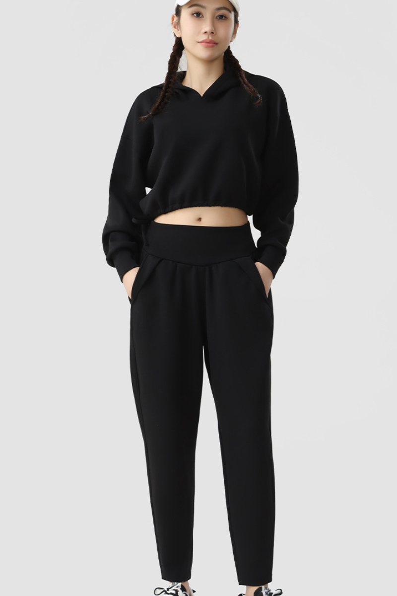 Women Cropped Hooded Top and High Waist Pants 2 Piece Set