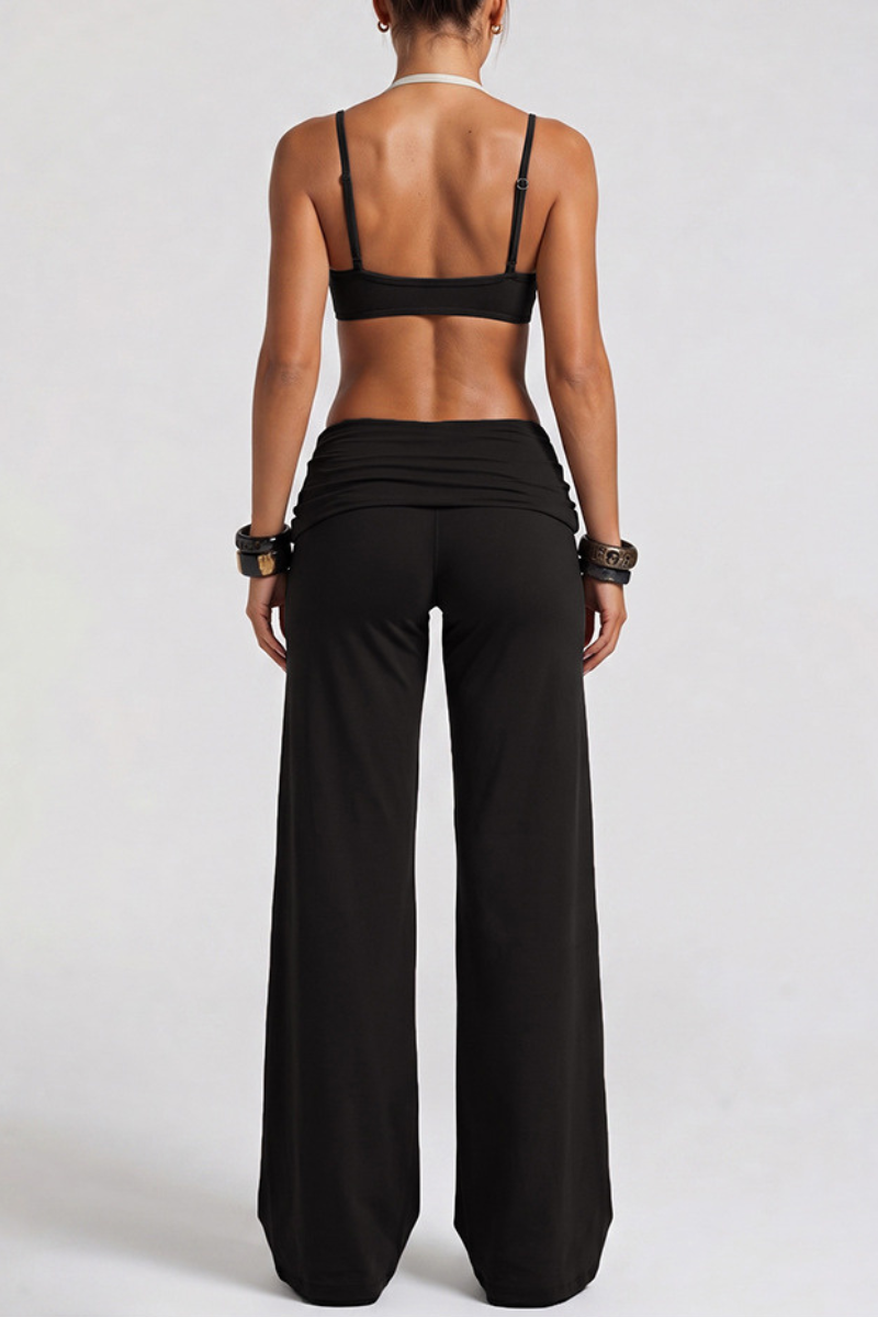 Women's Two-Piece Look Bra And Ruched Waist Wide-Leg Pants Yoga Set