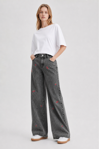 Women's High Waist Cherry Embroidered Wide Leg Jeans