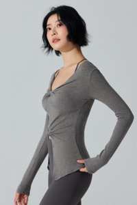 Women's Ribbed Double Twist Split V Neck Pilates Slim Fit Top