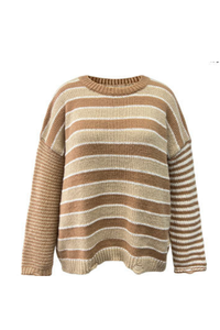 Women Crew Neck Contrast Stripe Distressed Hem Knit Sweater