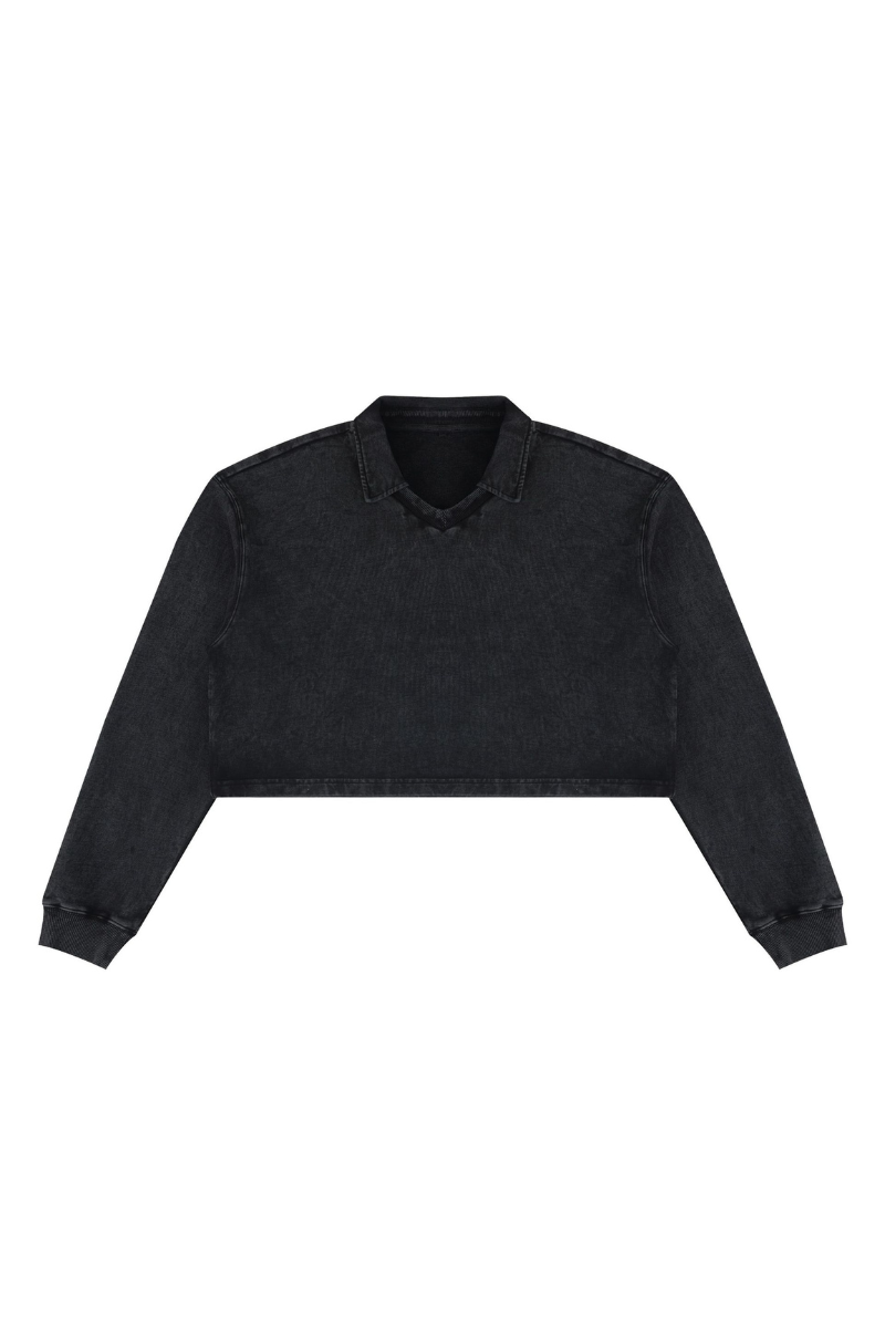 Women's  Fall 100% Cotton Collared V-Neck Crop Sweatshirt