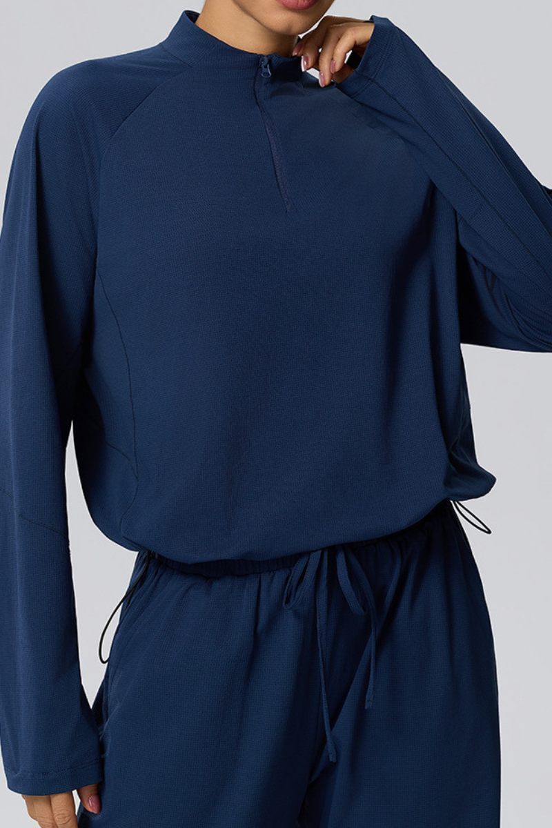 Women's Fall Half-Zip Drawstring Hem Mock Neck Athletic Top