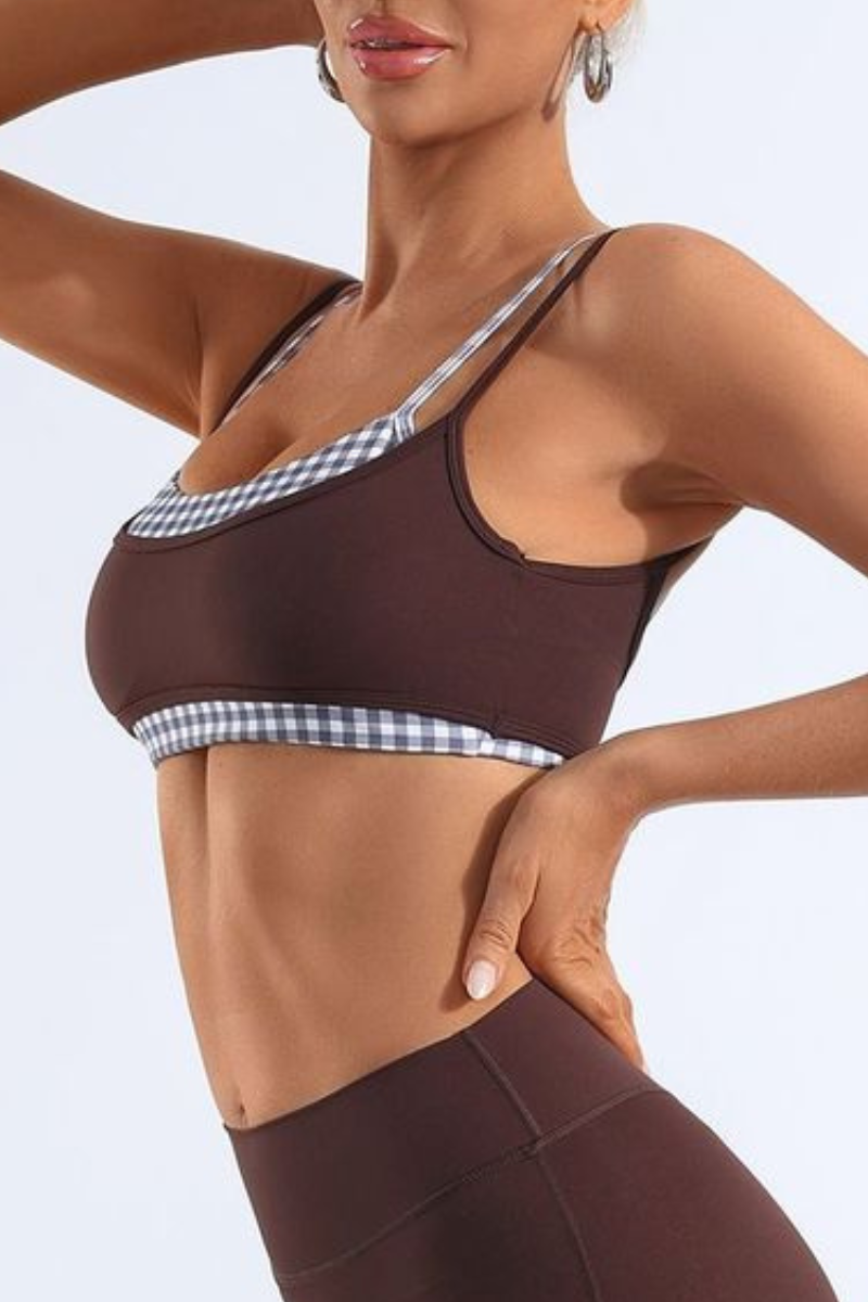 Women's Bare Feel Plaid Patchwork Double Thin Strap Yoga Bra