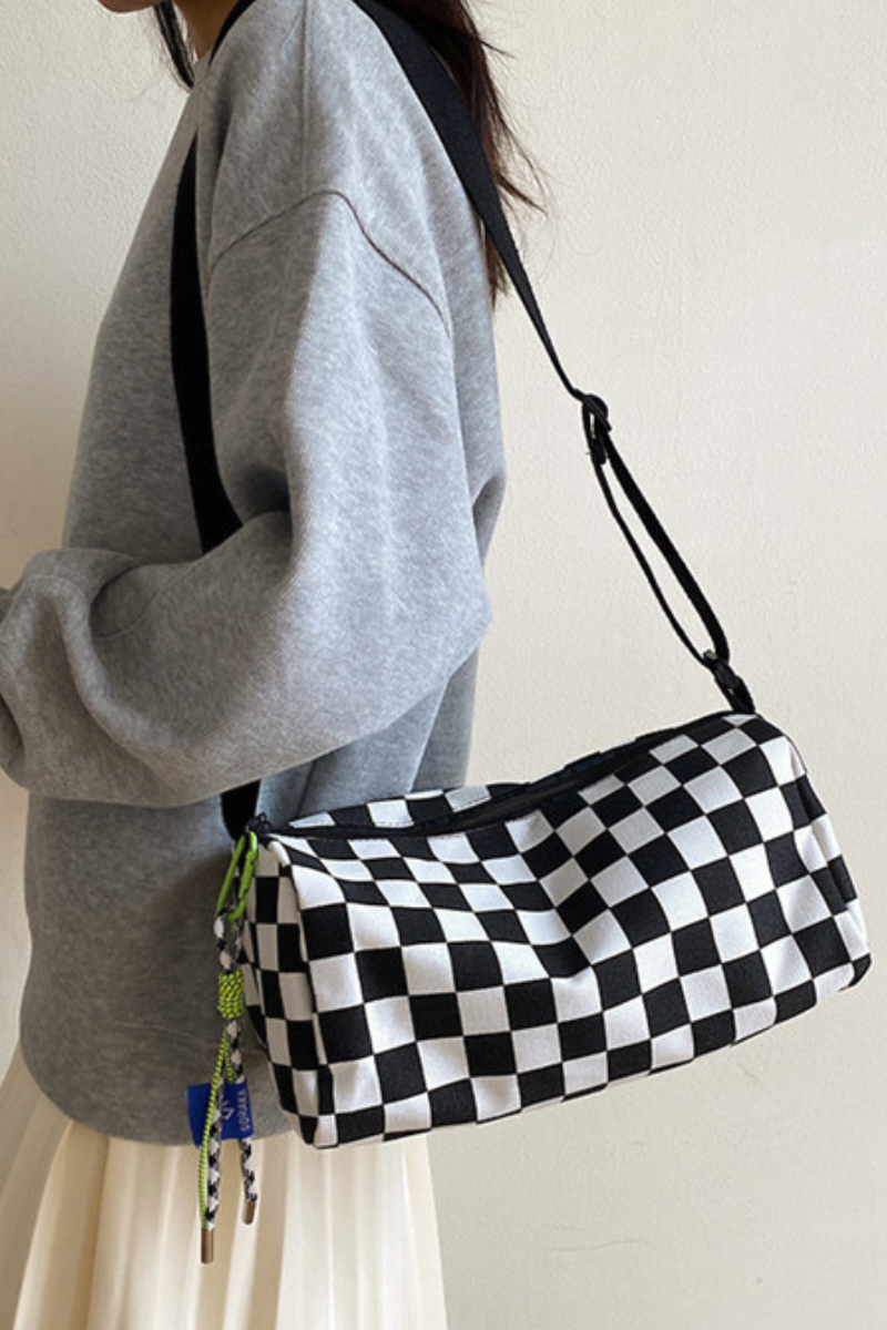 Unisex Checkered Canvas Cylinder Crossbody Bag