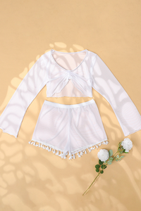 Women's Mesh Long Sleeve Cover-Up Tassel Shorts Bikini