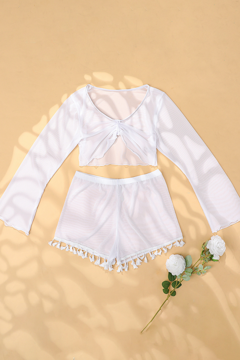 Women's Mesh Long Sleeve Cover-Up Tassel Shorts Bikini
