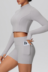 Women's Sport Set:Mock Neck Jacket And Side Pocket Shorts