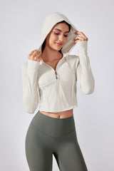 Women Hooded Drawstring Short Slim Outdoor Sports Fitness Yoga Jacket