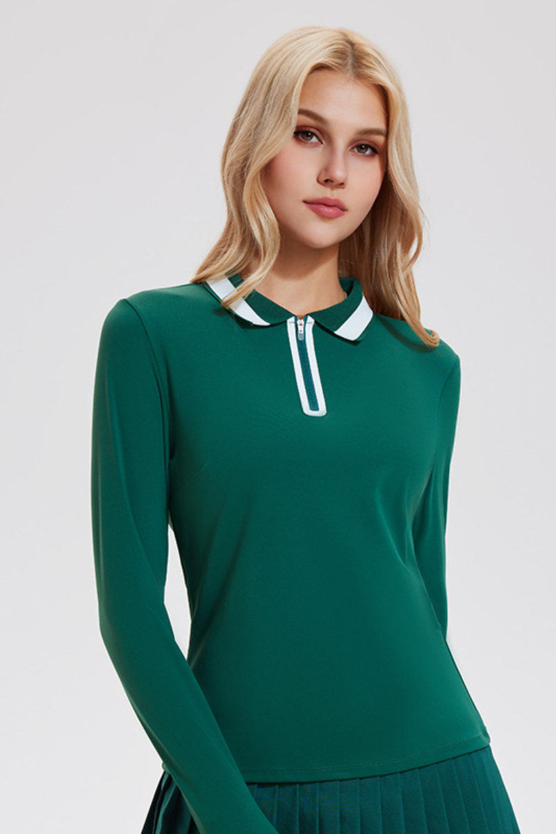 Women's Color-Block Polo Long-Sleeve Top