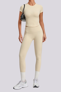 Women's Crew Neck T-shirt Pocket Leggings Yoga 2 Piece Set
