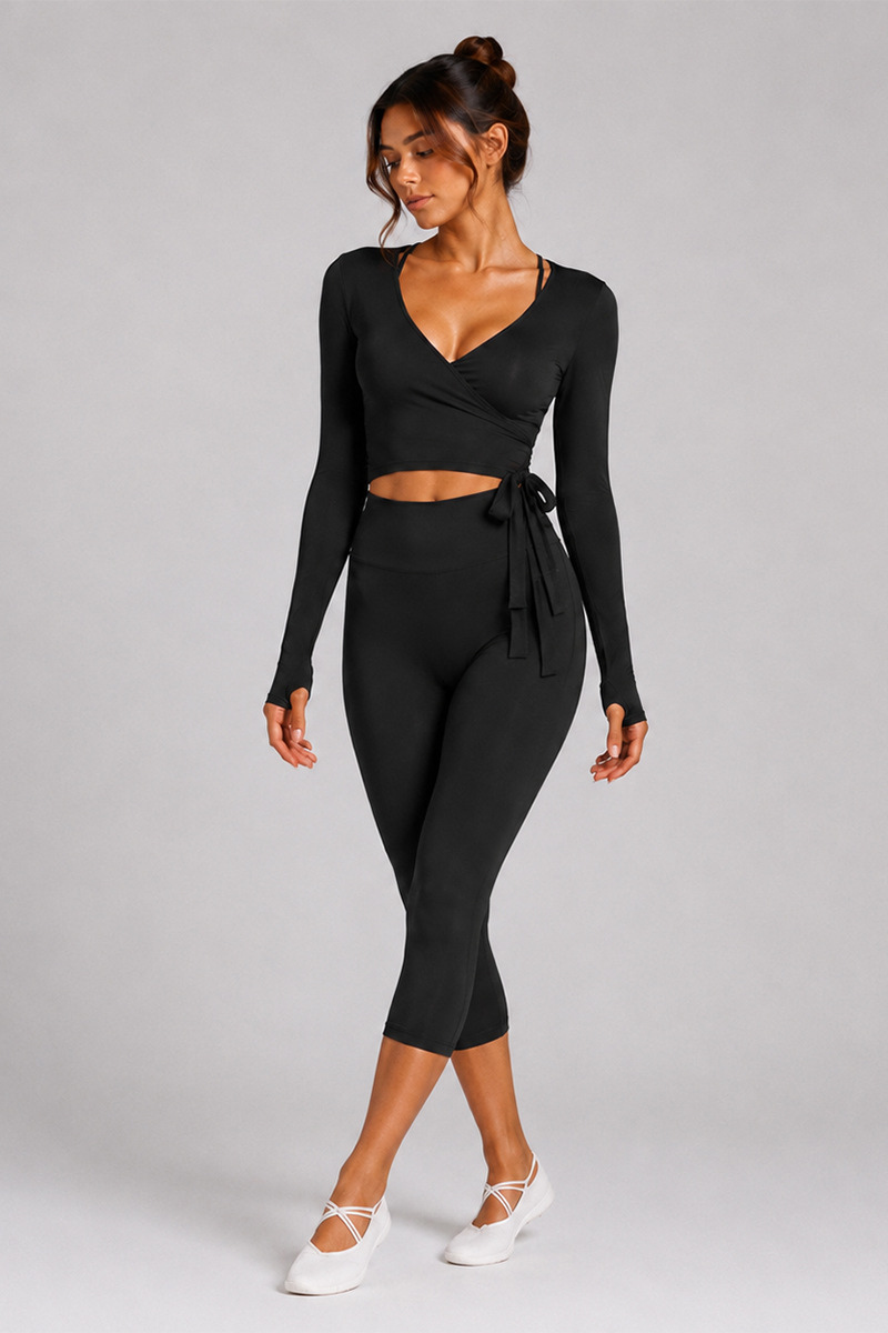Women's Side Wrap Tie Long Sleeve Top And Capri Yoga Set