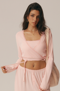 Women's V Neck Lace Trim Wrap Tie Cropped Long Sleeve Pilates Top