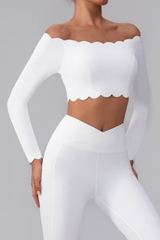 Women's Scalloped Off-Shoulder Cropped Long-Sleeve Sport Top