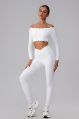 Women's Scalloped Off-Shoulder Long Sleeve Top& Leggings Set