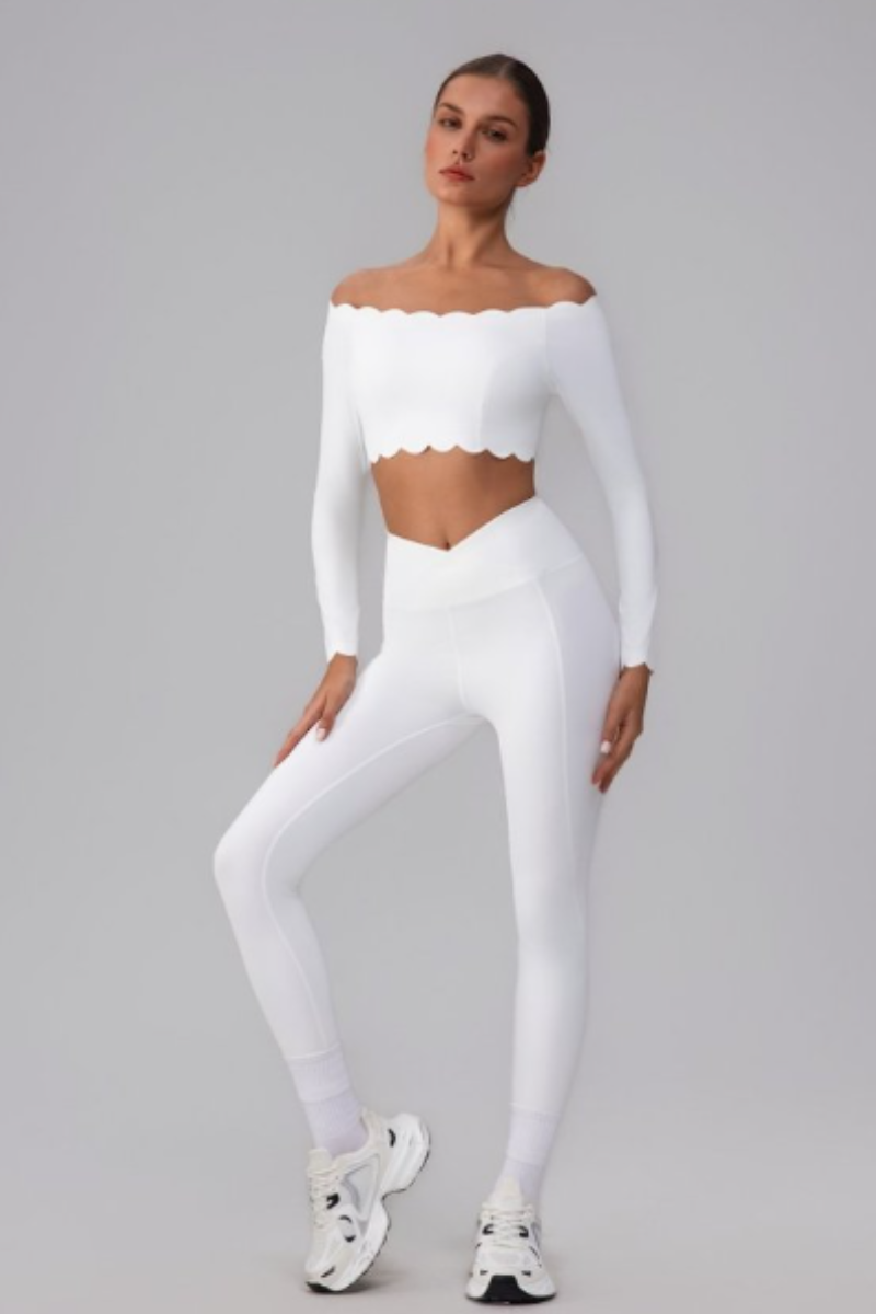 Women's Scalloped Off-Shoulder Long Sleeve Top& Leggings Set