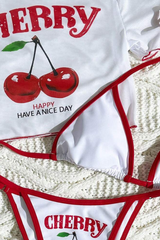 Women's Cherry Print Color Block Triangle Three Piece Bikini