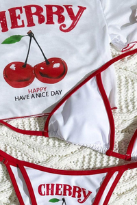 Women's Cherry Print Color Block Triangle Three Piece Bikini