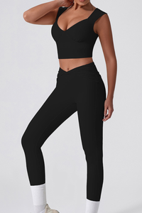 Women's Cropped Tank Top And Twist Cross Waist Leggings Set