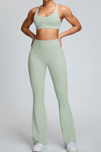 Women's Athletic Set:U-neck Cross Back Bra And Flare Pants