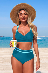 Women's V-neck Color Block High Waist Cross Back Bikini
