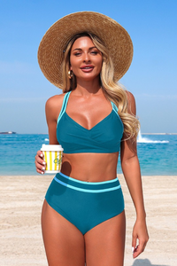 Women's V-neck Color Block High Waist Cross Back Bikini