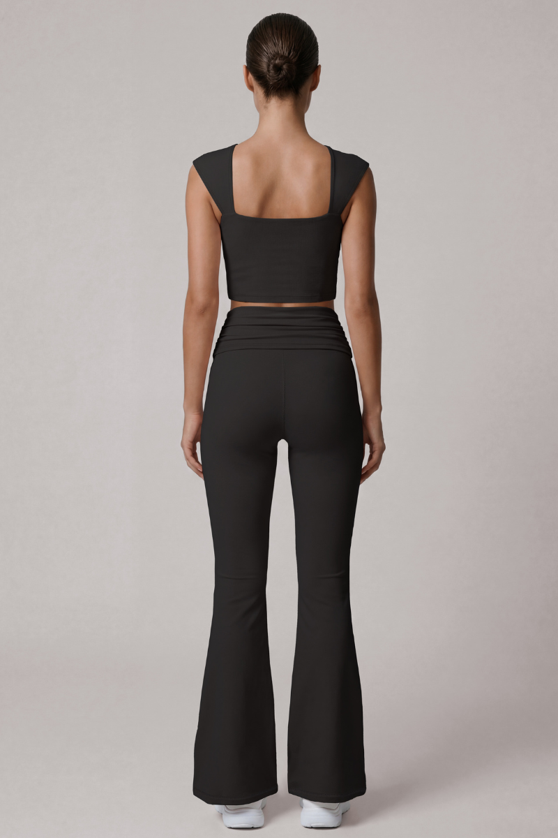 Women's Cropped Top And Pleated Waist Flare Pants Yoga Set