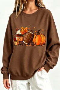 Women's Fall Halloween Pumpkin Football Coffee Print Thin Sweatshirt