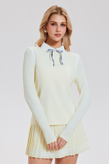 Women's Color-Block Set:Polo Collar Top & Pleat Mini Skirt