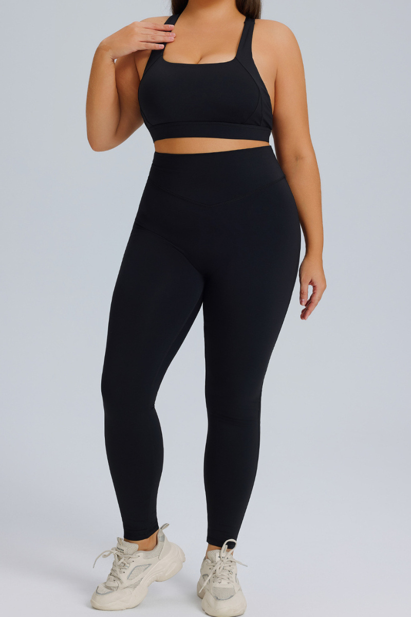 Plus Size Women's Set:Cross Back Bra And High Waist Leggings