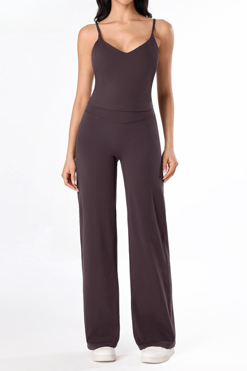 Women's Brushed Yoga Set:V-Neck Tank Top & Wide-Leg Pants