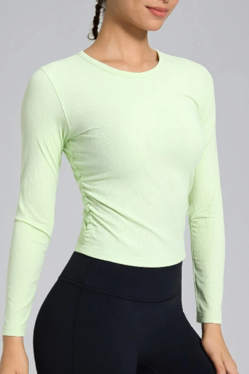 Women's Fall Ribbed Side Ruched Cropped Long Sleeve Athletic Top