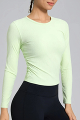 Women's Fall Ribbed Side Ruched Cropped Long Sleeve Athletic Top