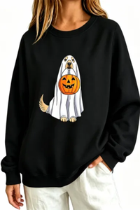 Women's Fall Ghost Dog Pumpkin Graphic Halloween Sweatshirt