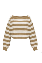 Women's Winter Boat Neck Boho Striped Cropped Knit Sweater