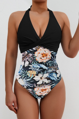 Women's Halter Deep-V Twist-Front Floral Print Swimsuit
