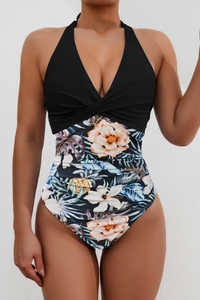 Women's Halter Deep-V Twist-Front Floral Print Swimsuit