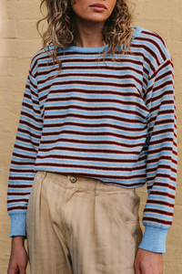 Women's Fall/Winter Striped Crew Neck Cropped Knit Sweater