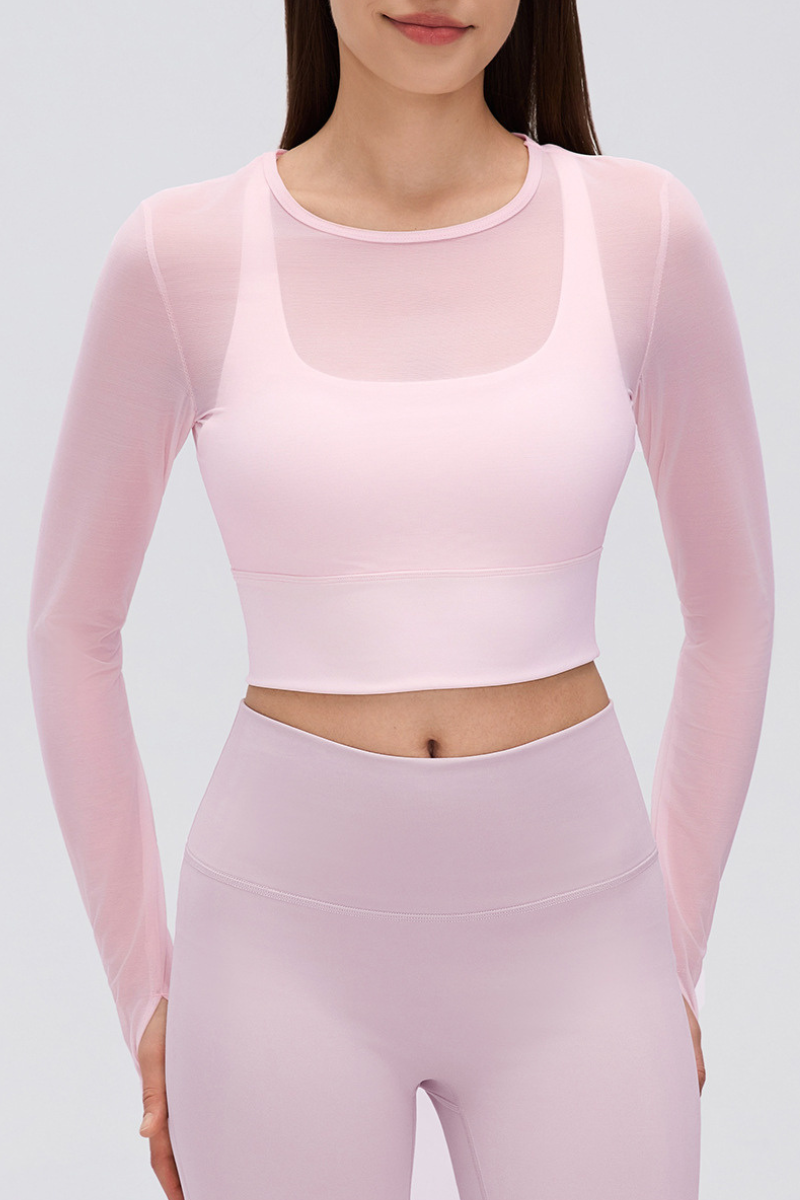 Women's Mock Two-Piece Mesh Padded Cropped Yoga Top