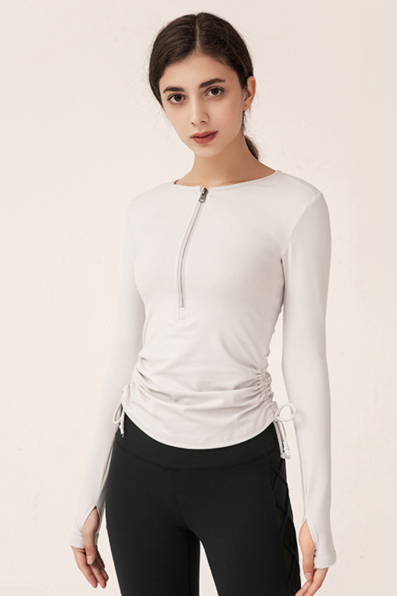 Women's Spring Side Drawstring Half Zipper Long Sleeve Top